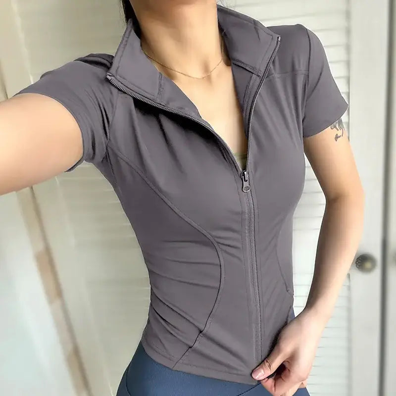 Summer High Quality Waist Slimming Training Tops Women’s Quick-drying Tight Stand Collar Full Zipper Short Sleeves Yoga