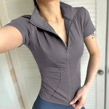 Summer High Quality Waist Slimming Training Tops Women’s Quick-drying Tight Stand Collar Full Zipper Short Sleeves Yoga