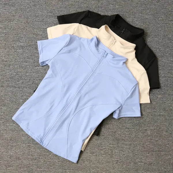 Summer High Quality Waist Slimming Training Tops Women’s Quick-drying Tight Stand Collar Full Zipper Short Sleeves Yoga