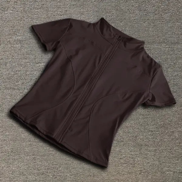 Waist Slimming Training Top - Summer High-Quality Quick-Drying Yoga Shirt - Tight Stand Collar Full Zip Short Sleeve