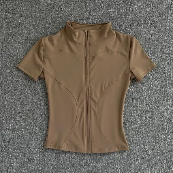 Summer High Quality Waist Slimming Training Tops Women’s Quick-drying Tight Stand Collar Full Zipper Short Sleeves Yoga