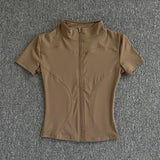 Summer High Quality Waist Slimming Training Tops Women’s Quick-drying Tight Stand Collar Full Zipper Short Sleeves Yoga