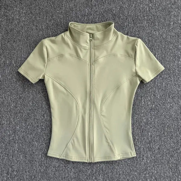 Summer High Quality Waist Slimming Training Tops Women’s Quick-drying Tight Stand Collar Full Zipper Short Sleeves Yoga