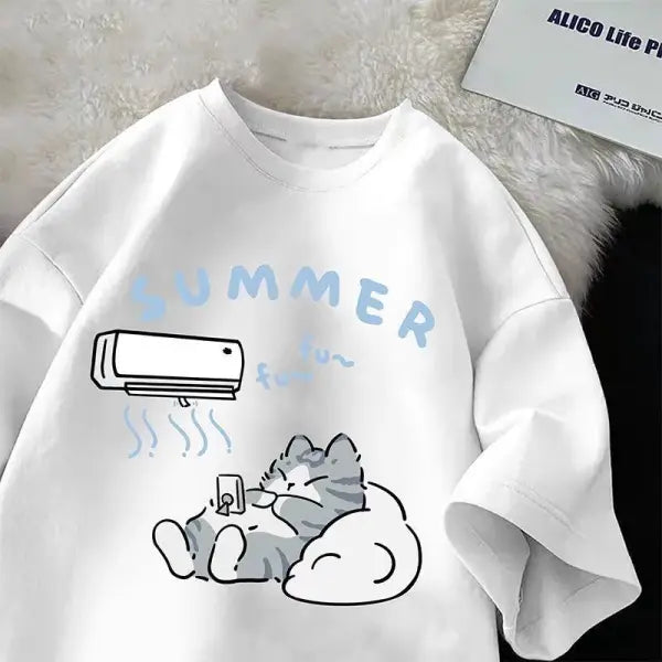 Summer Japanese Cartoon Cute Cat Fun Print Short Sleeve T-shirt Women’s Loose Casual Half Sleeve Soft Bottom Plus Size