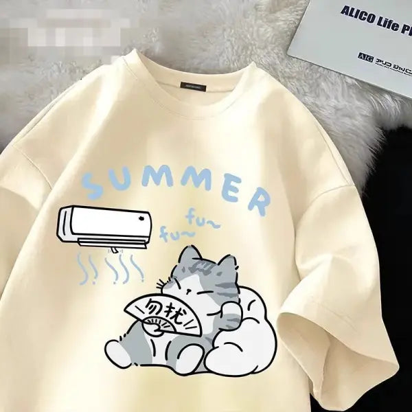 Summer Japanese Cartoon Cute Cat Fun Print Short Sleeve T-shirt Women’s Loose Casual Half Sleeve Soft Bottom Plus Size