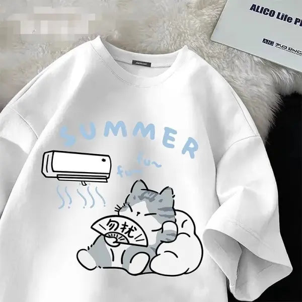 Summer Japanese Cartoon Cute Cat Fun Print Short Sleeve T-shirt Women’s Loose Casual Half Sleeve Soft Bottom Plus Size