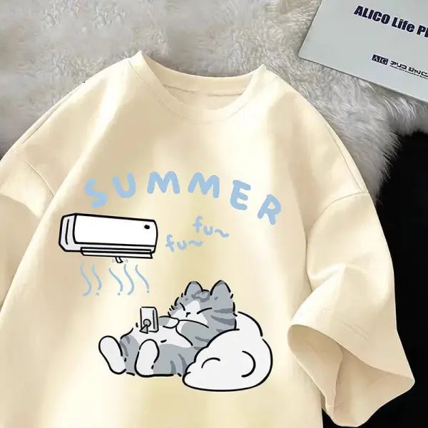 Summer Japanese Cartoon Cute Cat Fun Print Short Sleeve T-shirt Women’s Loose Casual Half Sleeve Soft Bottom Plus Size