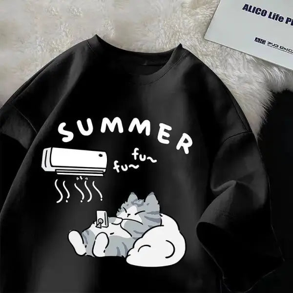 Summer Japanese Cartoon Cute Cat Fun Print Short Sleeve T-shirt Women’s Loose Casual Half Sleeve Soft Bottom Plus Size