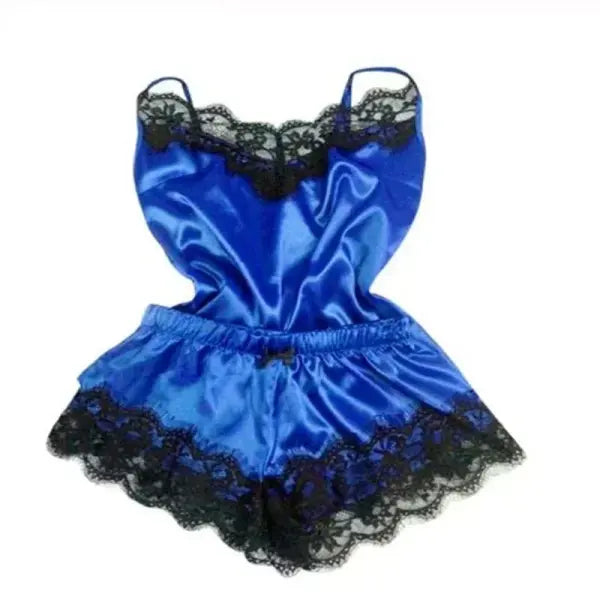 Summer lace silk pajama set for women (Polyester) – Sexy sleepwear - Blue / M