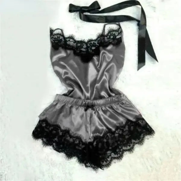 Summer lace silk pajama set for women (Polyester) – Sexy sleepwear - GRAY / M