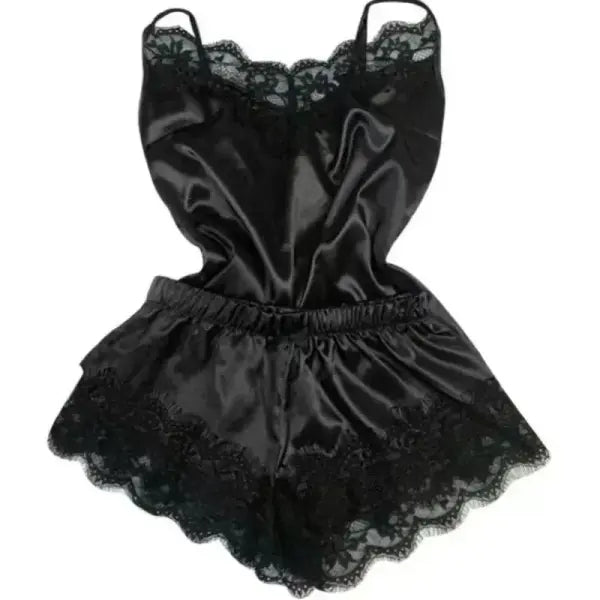Summer lace silk pajama set for women (Polyester) – Sexy sleepwear - black / S