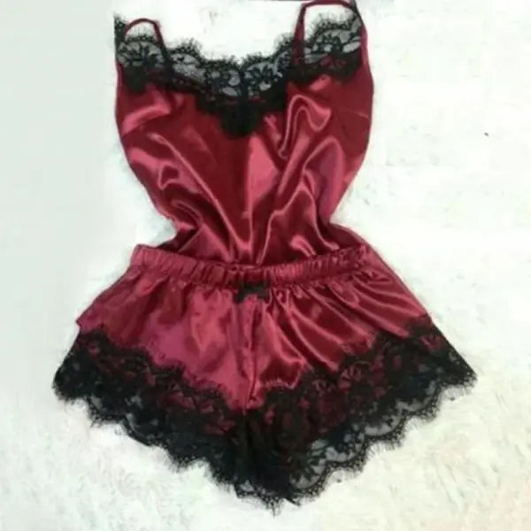 Summer lace silk pajama set for women (Polyester) – Sexy sleepwear - Red / M