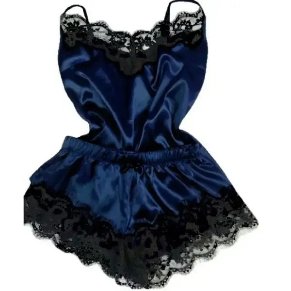 Summer lace silk pajama set for women (Polyester) – Sexy sleepwear - Deep Blue / S