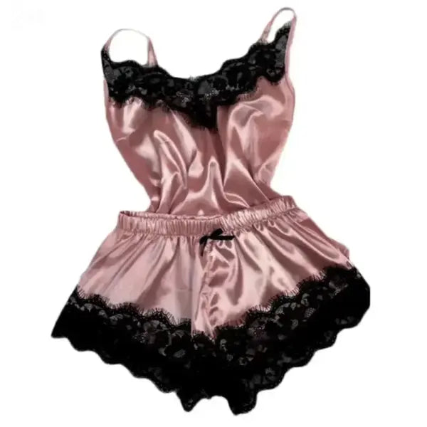 Summer lace silk pajama set for women (Polyester) – Sexy sleepwear - Champagne / L