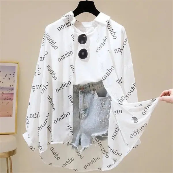 Sun Protection Shirt Chiffon Long Sleeves Korean Style - White letters / S