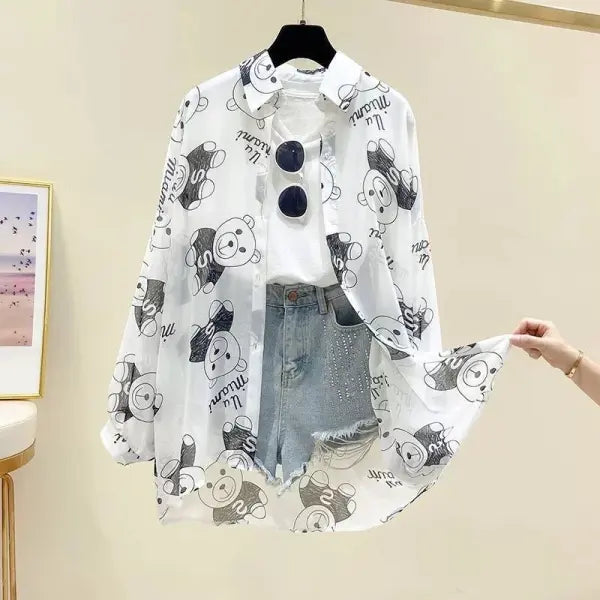 Sun Protection Shirt Chiffon Long Sleeves Korean Style - White / S