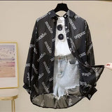 Sun Protection Shirt Chiffon Long Sleeves Korean Style - Black letters / S
