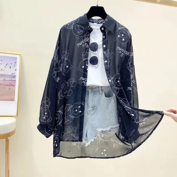 Sun Protection Shirt Chiffon Long Sleeves Korean Style - Black / S