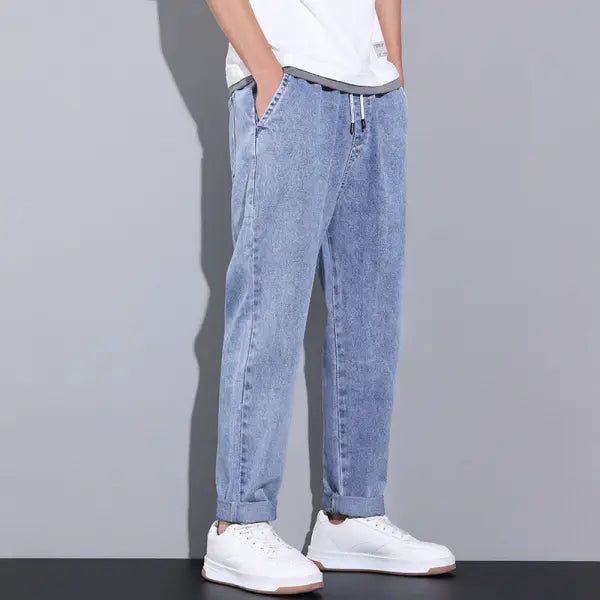 Summer Loose Wide Leg Jeans Pants Men Fashion Drawstring Elasticated Straight Trousers - Resistance To 030 Light Blue