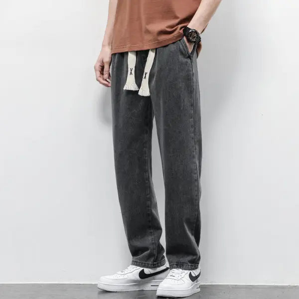 Summer Loose Wide Leg Jeans Pants Men Fashion Drawstring Elasticated Straight Trousers - Resistance To 040 Gray / 4XL