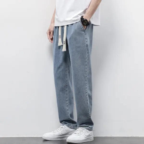 Summer Loose Wide Leg Jeans Pants Men Fashion Drawstring Elasticated Straight Trousers - Resistance To 040 Light Blue