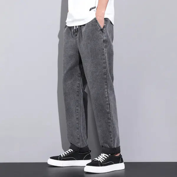 Summer Loose Wide Leg Jeans Pants Men Fashion Drawstring Elasticated Straight Trousers - Resistance To 030 Gray / 4XL