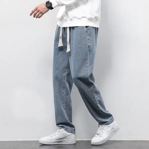 Summer Loose Wide Leg Jeans Pants Men Fashion Drawstring Elasticated Straight Trousers - None