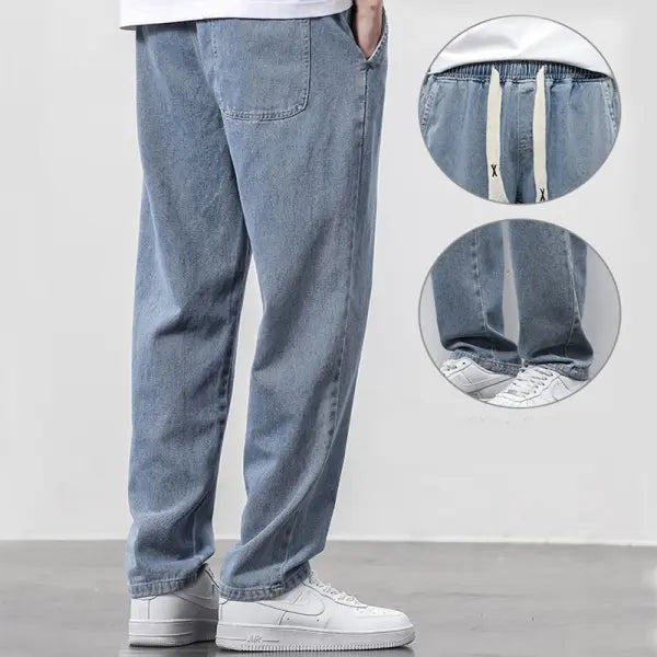 Summer Loose Wide Leg Jeans Pants Men Fashion Drawstring Elasticated Straight Trousers - None