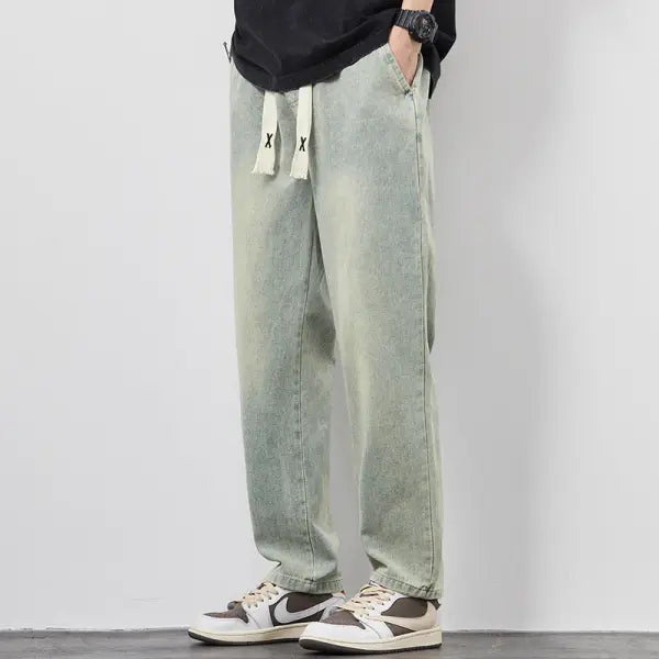 Summer Loose Wide Leg Jeans Pants Men Fashion Drawstring Elasticated Straight Trousers - Resistance To 040 Retro Blue