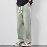Summer Loose Wide Leg Jeans Pants Men Fashion Drawstring Elasticated Straight Trousers - Resistance To 040 Retro Blue