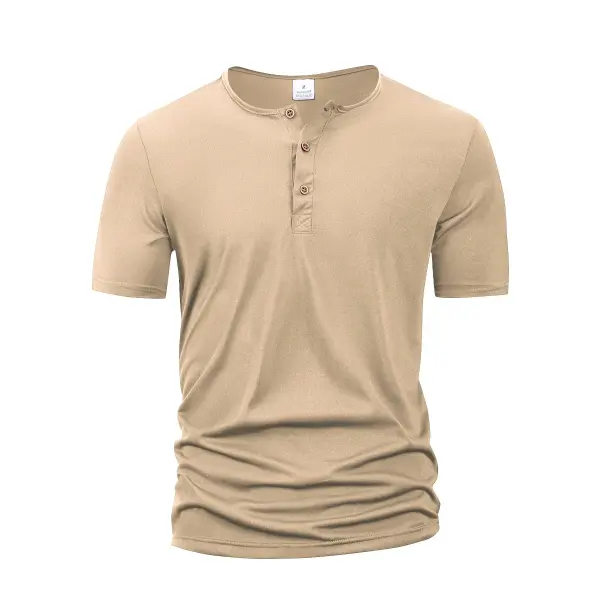 Summer Men’s Henley Collar T-Shirt - Slim Fit Button Casual Male Tee - Solid Color Short Sleeve Sports Top & Polo