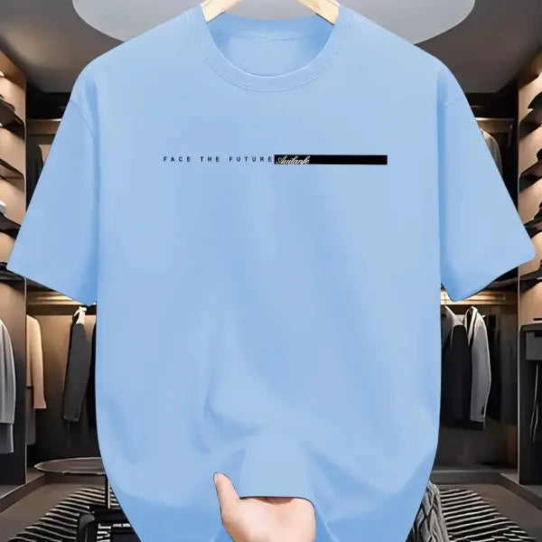 Men’s Cotton Letter Print T-Shirt with Product Care Instructions - A0480-wu lan / XL