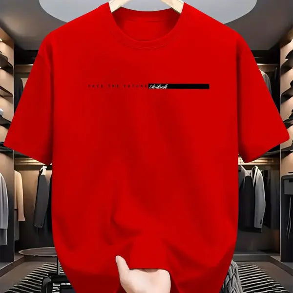 Men’s Cotton Letter Print T-Shirt with Product Care Instructions - A0480-hong / M
