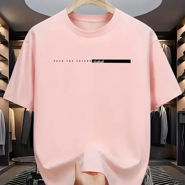Men’s Cotton Letter Print T-Shirt with Product Care Instructions - A0480-pi fen / XXL