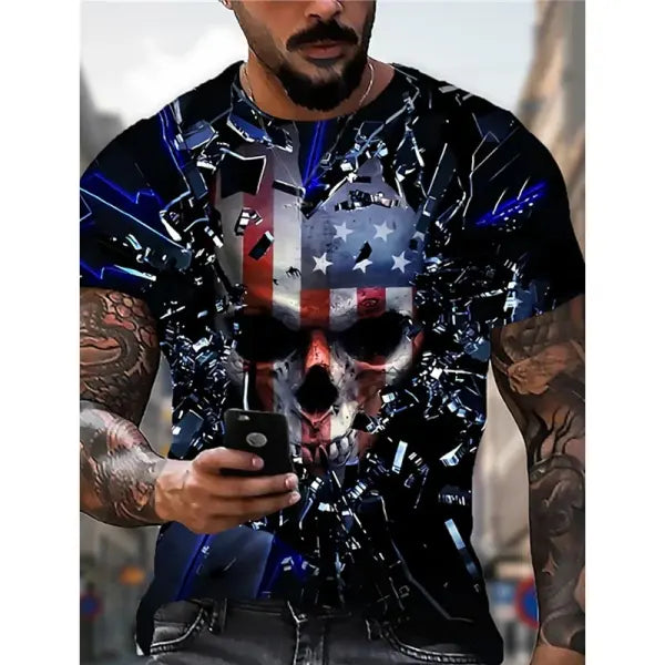 Summer Men’s Retro Flag Printed T-shirt 3D Skull Round Neck Short Sleeve Casual Breathable Men’s Large Size T Shirt Hot