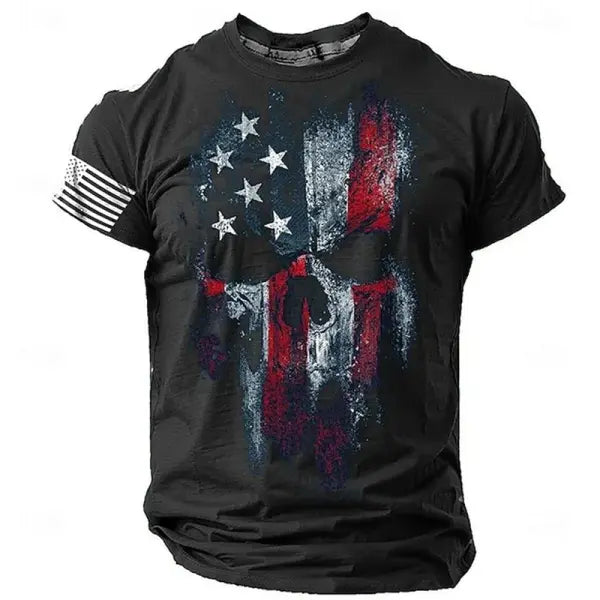 Summer Men’s Retro Flag Printed T-shirt 3D Skull Round Neck Short Sleeve Casual Breathable Men’s Large Size T Shirt Hot