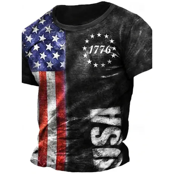 Summer Men’s Retro Flag Printed T-shirt 3D Skull Round Neck Short Sleeve Casual Breathable Men’s Large Size T Shirt Hot