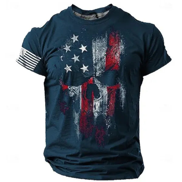 Summer Men’s Retro Flag Printed T-shirt 3D Skull Round Neck Short Sleeve Casual Breathable Men’s Large Size T Shirt Hot