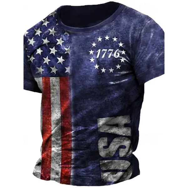 Summer Men’s Retro Flag Printed T-shirt 3D Skull Round Neck Short Sleeve Casual Breathable Men’s Large Size T Shirt Hot