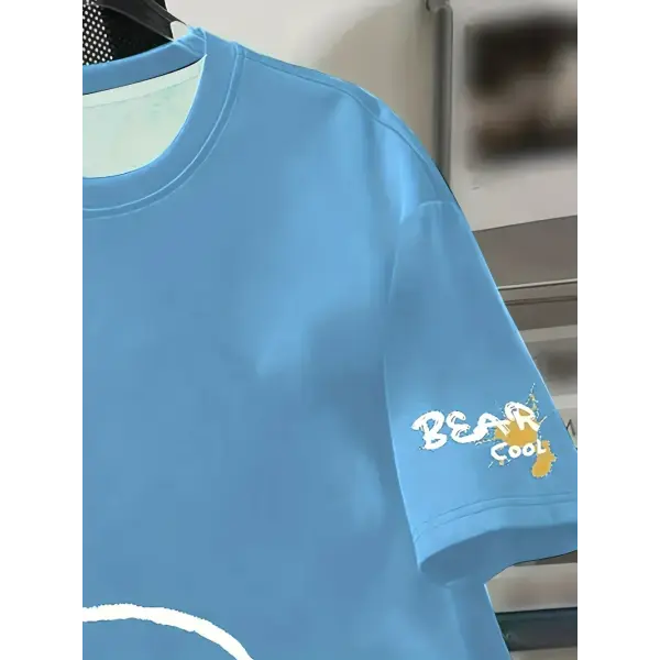 Cartoon bear print round neck breathable T-shirt for men (Polyester)