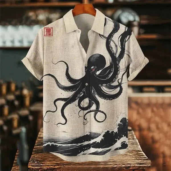 Octopus pattern sleeve shirt for men (flax bamboo fiber) – casual Hawaiian style - HE754 / 5XL