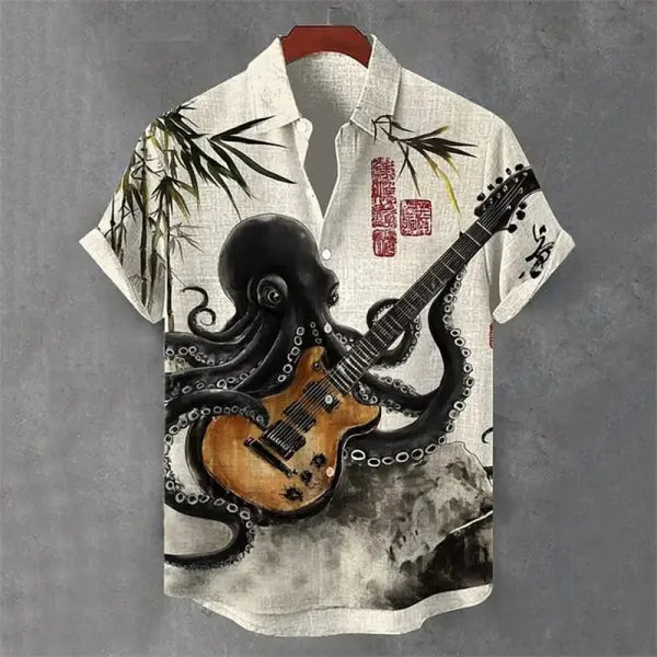 Octopus pattern sleeve shirt for men (flax bamboo fiber) – casual Hawaiian style - HE758 / XL