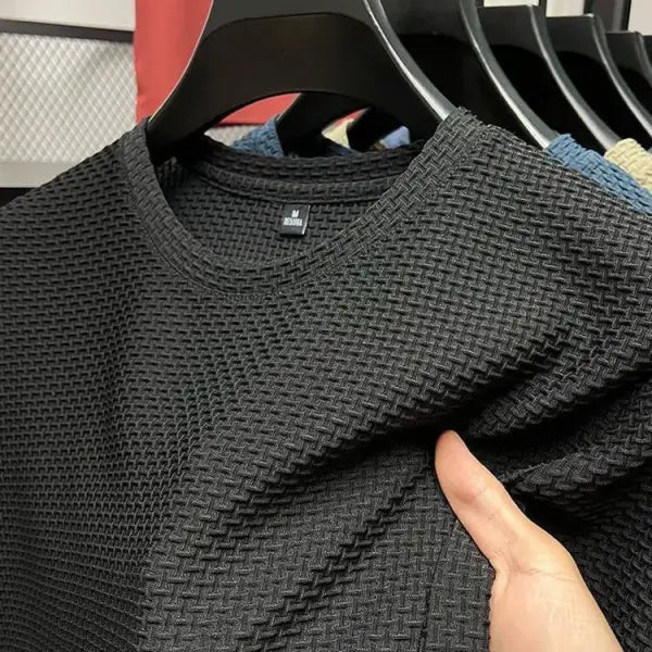 Summer Casual Ice Silk Mesh Breathable Men O-Neck Top with Tatting Fabric - Black / 3XL-fits 78-85kg