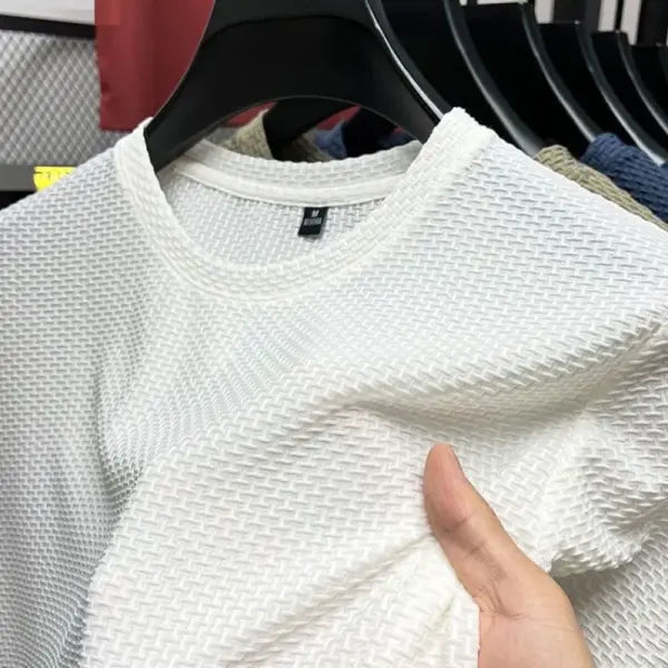 Summer Casual Ice Silk Mesh Breathable Men O-Neck Top with Tatting Fabric