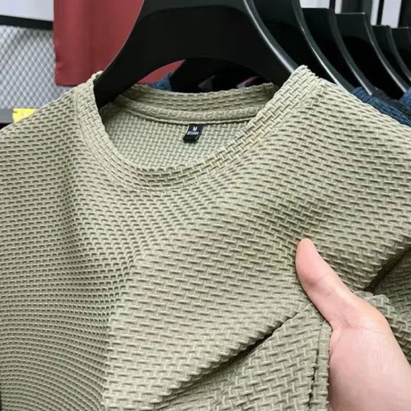 Summer Casual Ice Silk Mesh Breathable Men O-Neck Top with Tatting Fabric - Khaki / M-fits 45-55kg