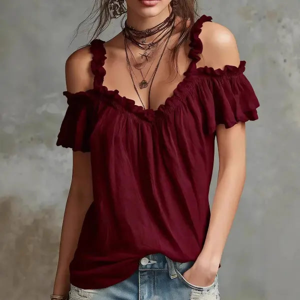 Summer Off-Shoulder Blouse Ruffled Plus Sizes Y2K Sweet Fashion Top - Wine Red / L - None