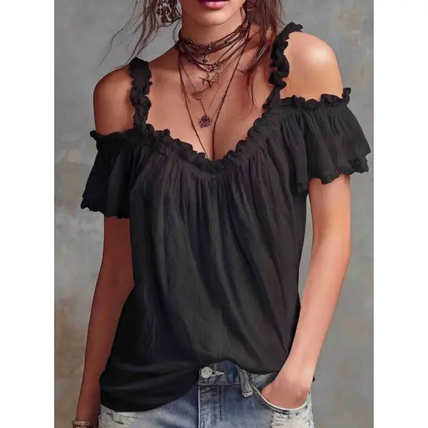 Summer Off-Shoulder Blouse Ruffled Plus Sizes Y2K Sweet Fashion Top - Black / L - None