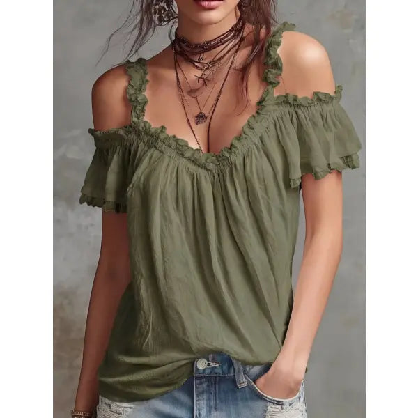 Summer Off-Shoulder Blouse Ruffled Plus Sizes Y2K Sweet Fashion Top - Army Green / L - None