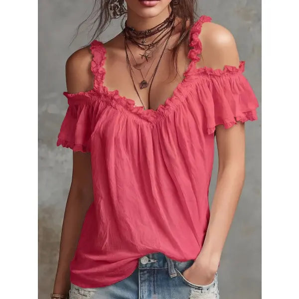 Summer Off-Shoulder Blouse Ruffled Plus Sizes Y2K Sweet Fashion Top - Watermelon Red / L - None