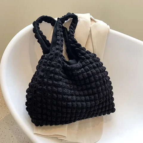 Summer Pleated Cloud Shoulder Bag – Candy Color Tote for Women - black / 44x11x32cm